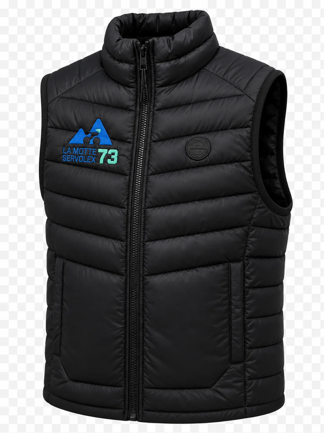 Blouson noir matelassé sans manche écusson et écritures brodés